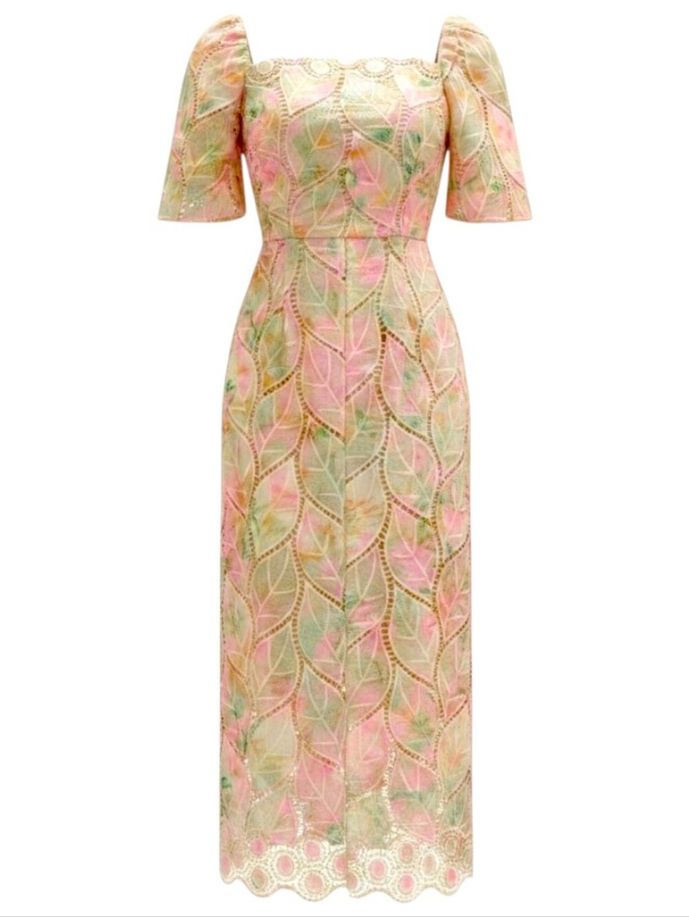 Elliatt Pastel Pink Green Sequin Lace Midi Dress Puff Sleeve NWT Small